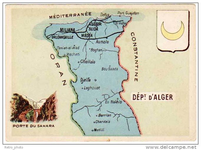 Chromo contour départemental, blason  Dépt d'Alger (Algérie, Miliana, Aumale, Dellys)