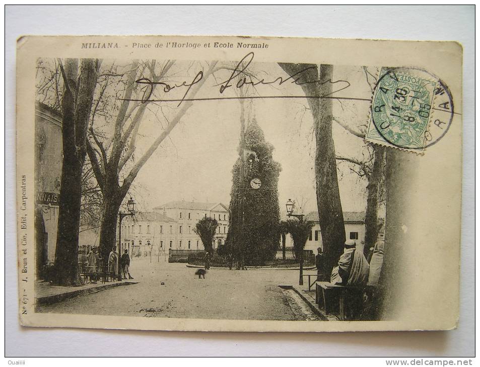 cpa, précurseur, très belle vue animée, Miliana, place de l'horloge et école normale
