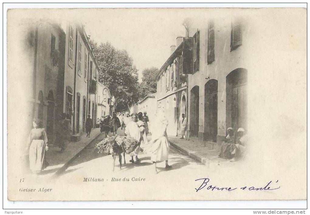 cpa bon etat   miliana , rue du caire ,  adresse au verso , timbre oblitéré, animation