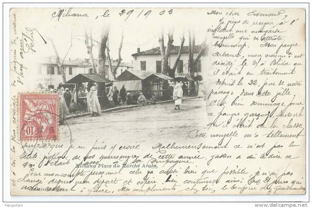 cpa bon etat   miliana , place du marché arabe , courrier adresse au verso , carte tres propre , animation