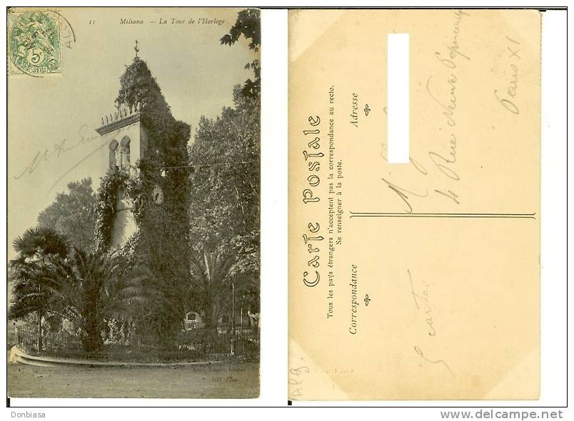 Miliana (Algerie) La Tour de l'Horloge. CPA voyagée 1907 (timbre postal)