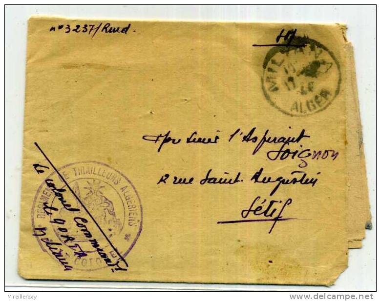 ALGERIE / LETTRE EN FRANCHISE MILITAIRE / MILIANA / REGIMET DE TIRAILLEURS ALGERIENS