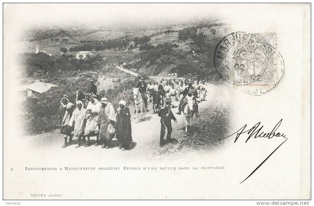 INSURRECTION A MARGUERITTE RETOUR D'UNE BATTUE DANS LA MONTAGNE MILIANA GUERRE ALGERIE 1900