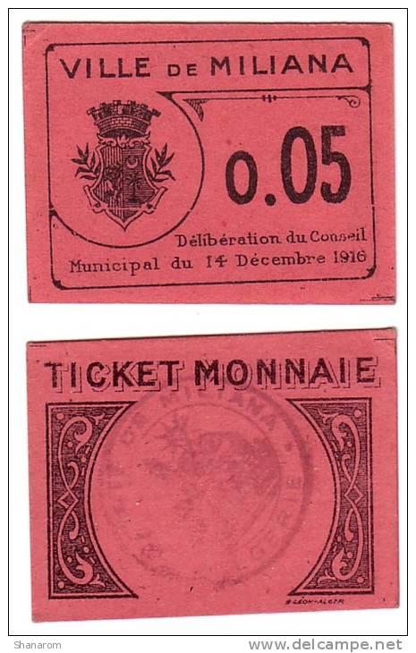 1916 // Algérie // bon de nécessité // Ville de MILIANA // 5 cts