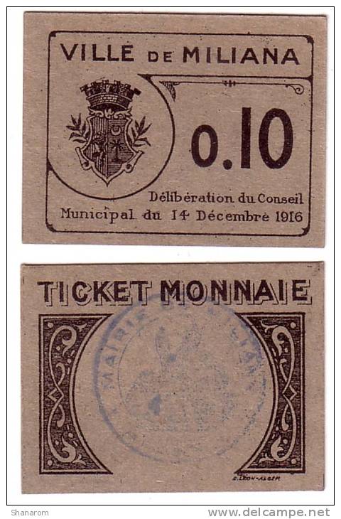 1916 // Algérie // bon de nécessité // Ville de MILIANA // 10 cts