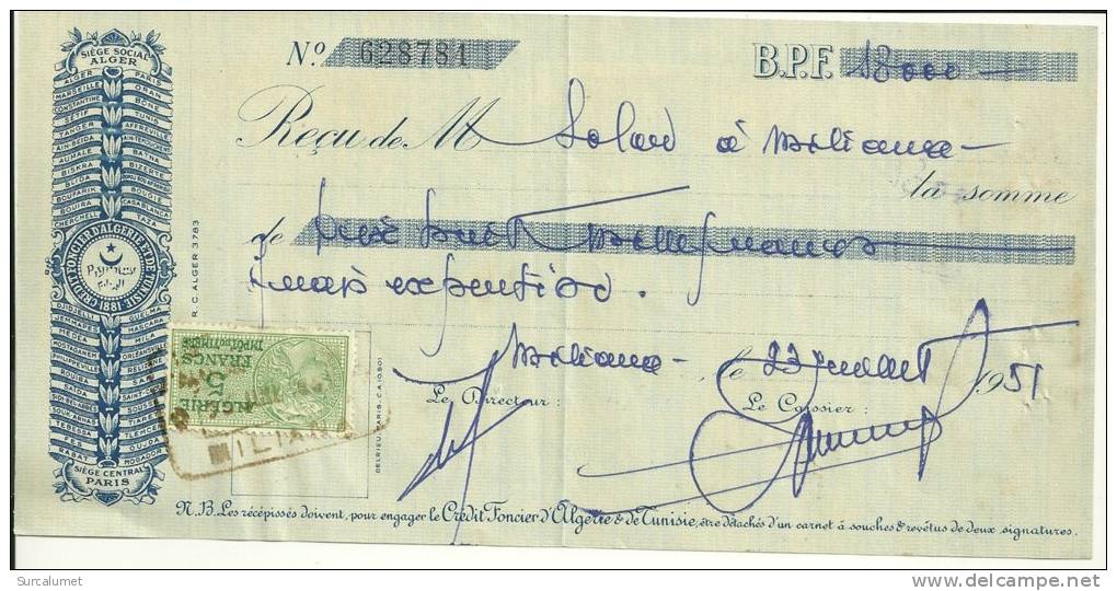 ALGERIE  FISCAL 5 FRANCS IMPOT DU TIMBRE sur RECU  CREDIT FONCIER D'ALGERIE ET DE TUNISIE à  MILIANA  1951
