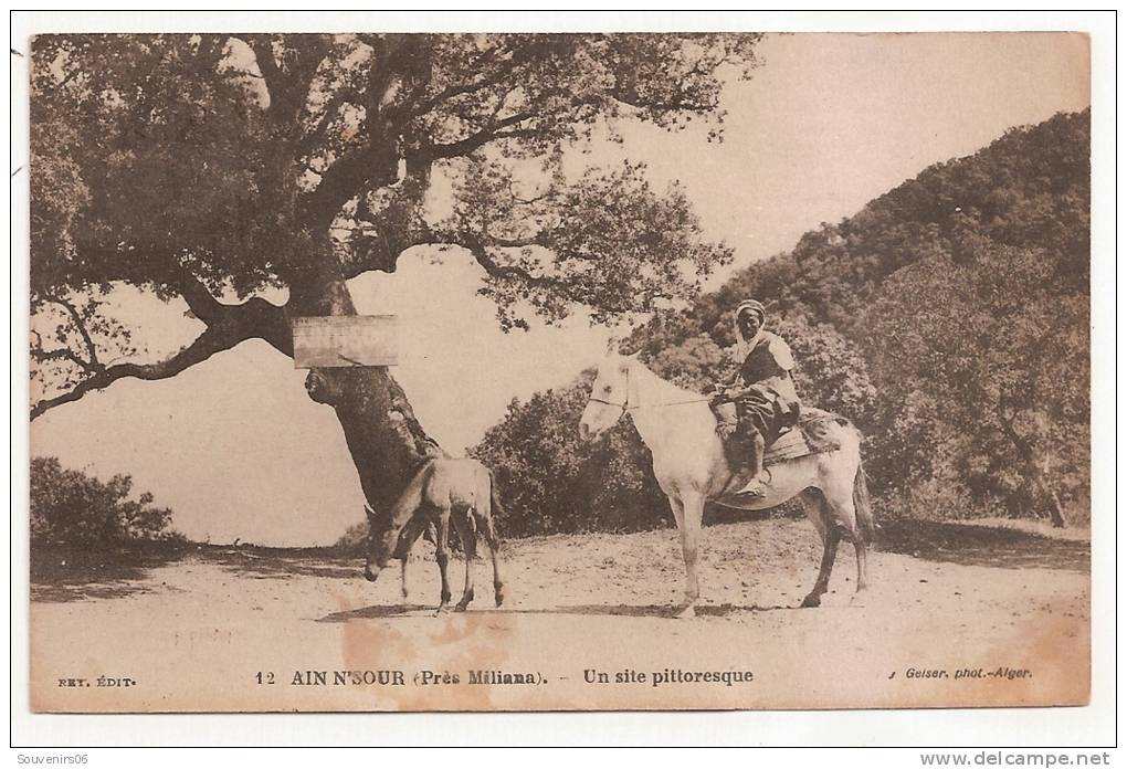 ain n'sour (près miliana) -(cpa) -12- un site pittoresque  (1 homme à cheval,1 âne) -belle carte