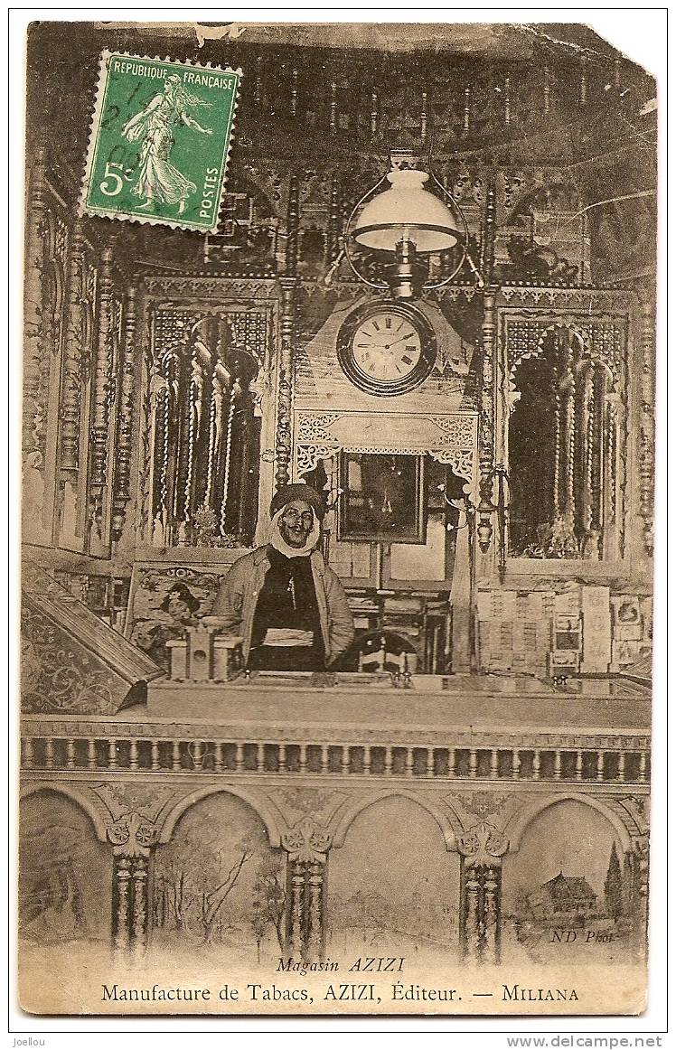 Rare CPA Manufacture de Tabac AZIZI Miliana animée VOIR SCANS ET DESCRIPTIONS !!!ANGLE CASSé!!!