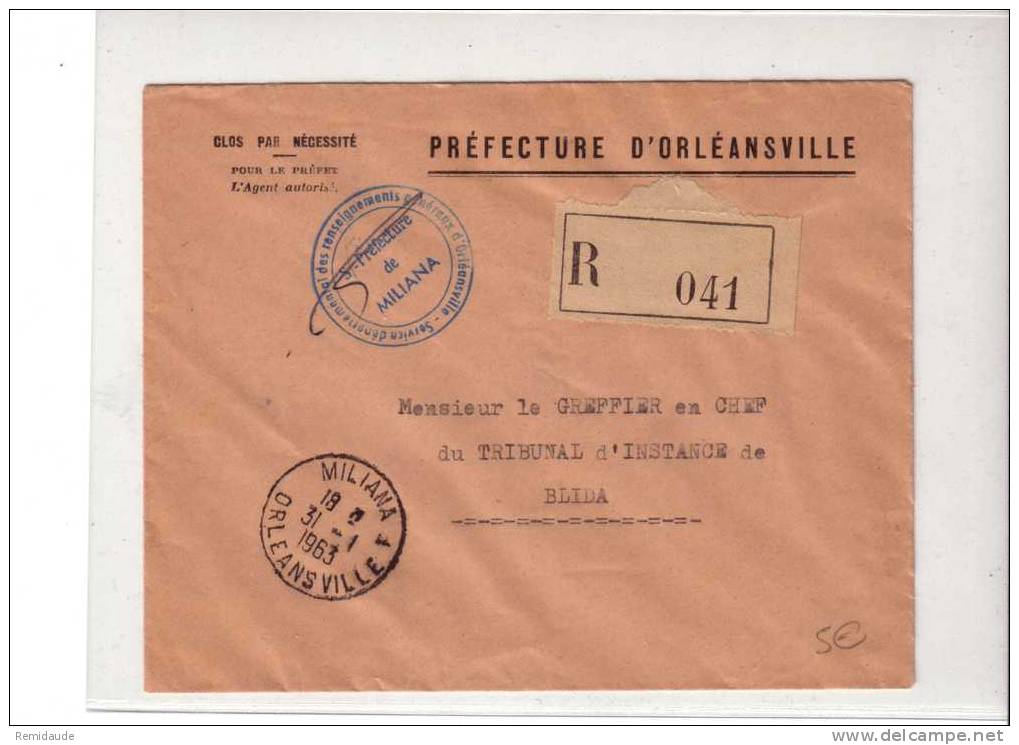 ALGERIE - 1963 - LETTRE RECOMMANDEE en FRANCHISE POSTALE de la SOUS PREFECTURE de MILIANA (PHILIPPEVILLE) - SERVICE RG