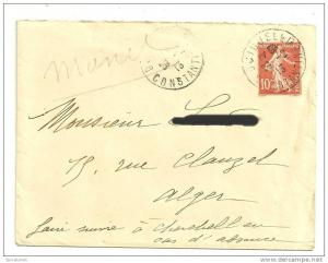 ENTIER POSTAL SEMEUSE MOUCHON 10c Oblitéré à DJIDJELLI -CONSTANTINE en 1913 (CACHET BOUGIE) faire suivre à CHERCHELL