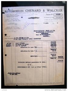 FACTURE COMMERCIALE 1947 AUTOMOBILES CHENARD ET WALCKER GENNEVILLIERS DJIDJELLI ALGERIE TOUYA et CIE