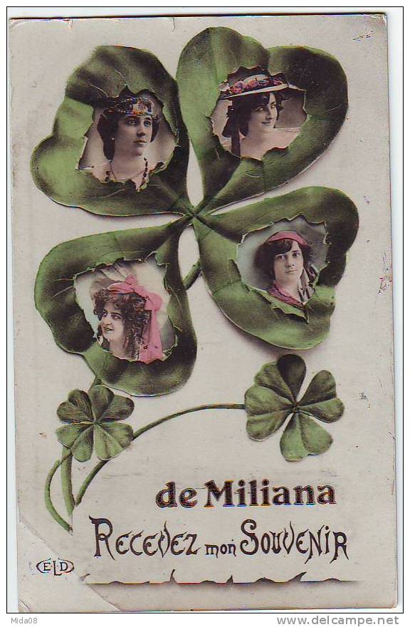 de MILIANA  RECEVEZ MON SOUVENIR.  TREFLES A 4 FEUILLES.  E.L.D.