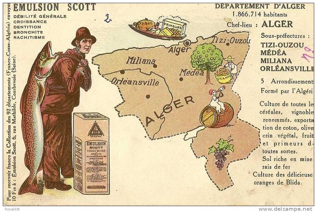 cp Afrique Algerie pub EMULSION SCOTT   ALGER  Tizi Ouzou Medea Miliana Orléansville ( oranges de blida , vignobles )