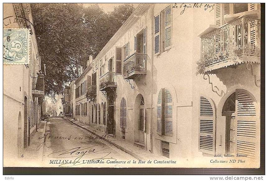 - ALGERIE - MILIANA - Rue de Constantine et l'Hotel  du commerce - timbrée 1905 peu fréquente