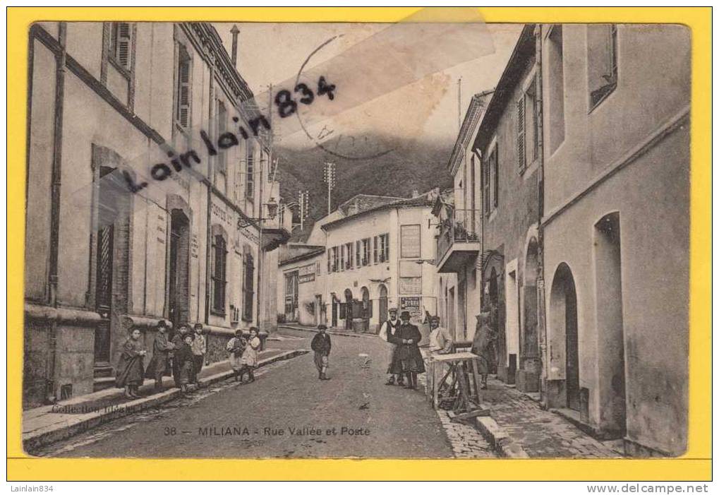- 38 - MILIANA - rue vallée et poste -  écrite, très belle animation, bon état, rare.