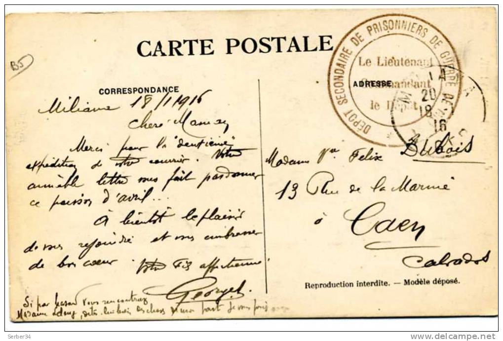 MARCOPHILIE - CARTE POSTALE - CACHET  DEPOT SECONDAIRE DE PRISONNIERS DE GUERRE DE MILIANA