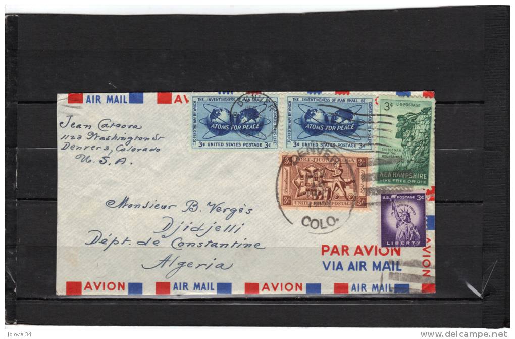 USA  lettre  avion  de 1955 DENVER pour Djidjelli Constantine Algérie - érinnophilie vignette antituberculeux au verso