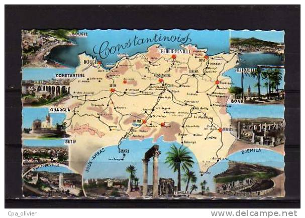 ALGERIE Constantine Carte de la Région, Bougie, Djidjelli, Ouargla, Bone, Setif..., ed Jansol, CPSM 9x14, 195?
