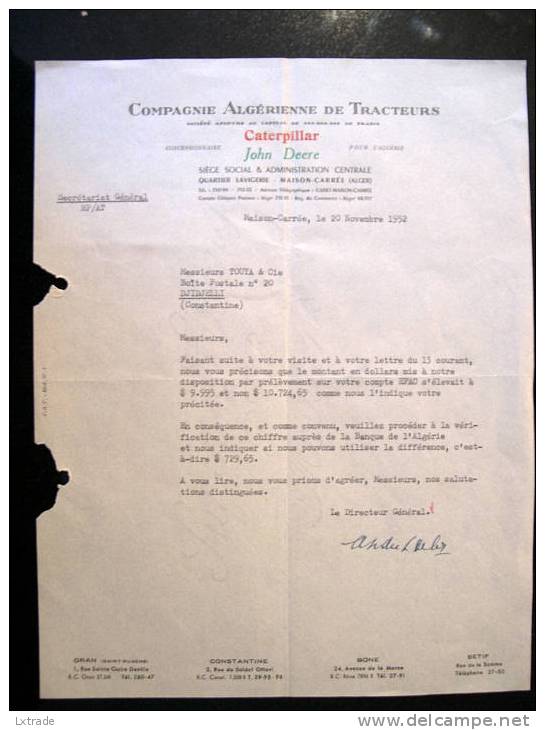 LETTRE COMMERCIALE 1952 COMPAGNIE ALGERIENNE DE TRACTEURS CATERPILLAR JOHN DEERE ALGERIE TOUYA DJIDJELLI