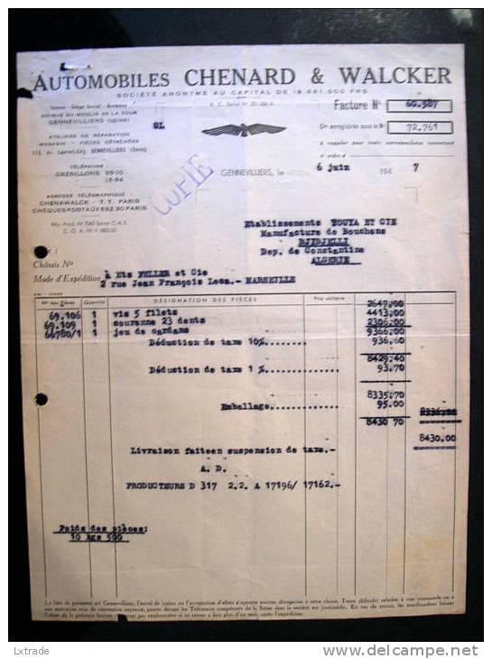 FACTURE COMMERCIALE 1947 AUTOMOBILES CHENARD ET WALCKER GENNEVILLIERS DJIDJELLI ALGERIE TOUYA et CIE