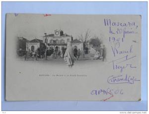 CPA  précurseur Algérie - tampon ORAN - MASCARA - La Mairie et la Place Gambetta