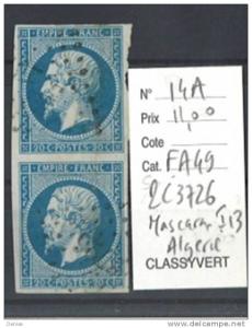 France Empire Yvert 14A Oblitéré PC 3726  en paire Mascara Algérie