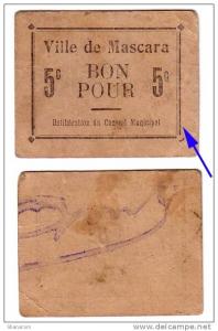1914-1918 // Algérie // bon de nécessité // Ville de MASCARA // 5 cts