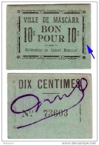 1914-1918 // Algérie // bon de nécessité // Ville de MASCARA // 10 cts