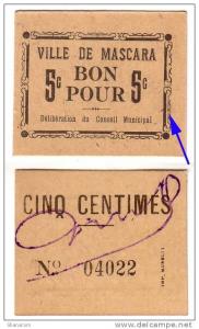 1914-1918 // Algérie // bon de nécessité // Ville de MASCARA // 5 cts