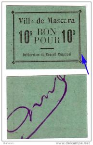1914-1918 // Algérie // bon de nécessité // Ville de MASCARA // 10 cts