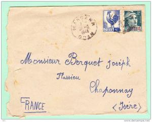Sur Env. pour FLASSIEU (Isère) - CAD MASCARA 1948 sur Affranch. bicolore dont Marianne de Gandon surchargé ALGERIE