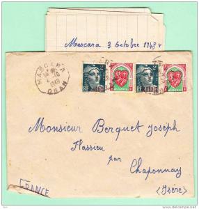 Sur Env. pour FLASSIEU (Isère) - CAD MASCARA du 4-10-1948 sur Affr. bicolore dont Marianne de Gandon surchargé ALGERIE