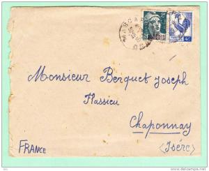 Sur Env. pour FLASSIEU (Isère) - CAD MASCARA sur Affranch. bicolore dont Marianne de Gandon surchargé ALGERIE