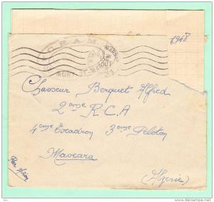 Sur Env. (timbre découpé) - Cachet Militaire C.E.A.M MONT DE MARSAN   CAD MASCARA  héxagonal DOMINIQUE LUCIANI (Algérie)