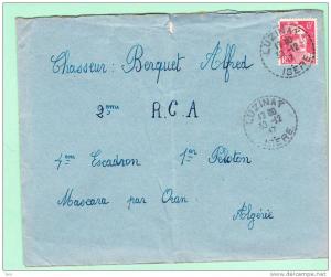 Sur Env. pour Mascara (Algérie) - CAD pointillé LUZINAY (Isère) du 30-12-1947 sur 6f  Marianne de Gandon SEUL