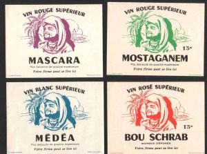 ALGERIE RARE LOT DE 4 ETIQUETTES VIN MOSTAGANEM BOU SCHRAB MEDEA MASCARA