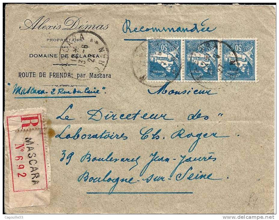 marque postale, ALGERIE, Mascara en 1927 pour boulogne sur seine , Recommandée