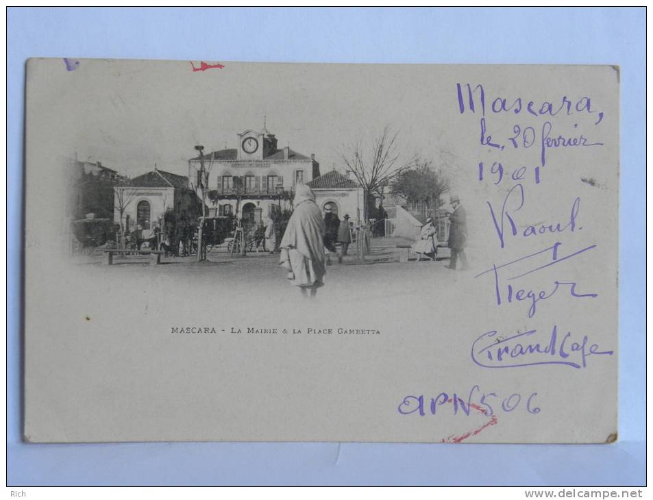 CPA  précurseur Algérie - tampon ORAN - MASCARA - La Mairie et la Place Gambetta