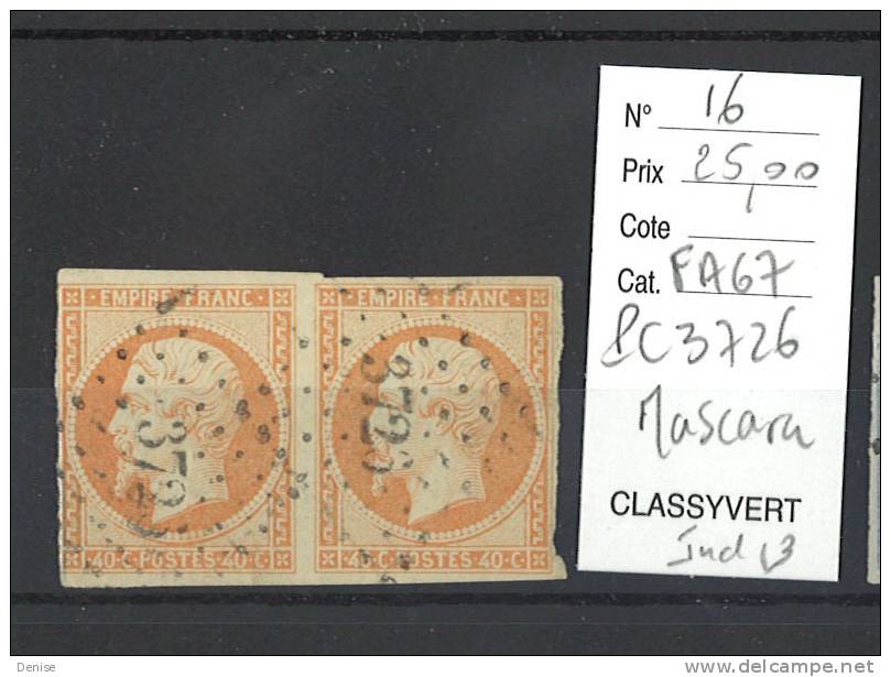 France Yvert  16 Empire en paire  oblitéré PC 3736  Mascara Algérie