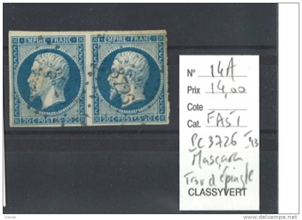France Empire Yvert 14A Oblitéré PC 3726  en paire Mascara Algérie