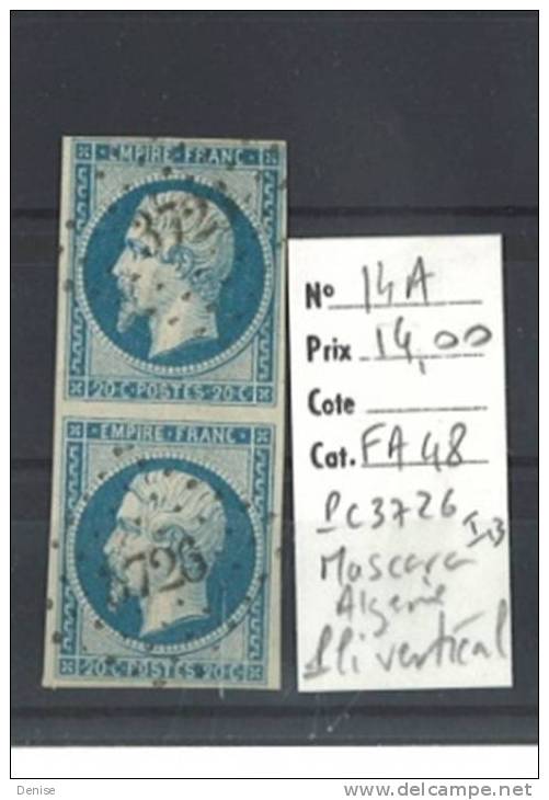 France Empire Yvert 14A Oblitéré PC 3726  en paire Mascara Algérie