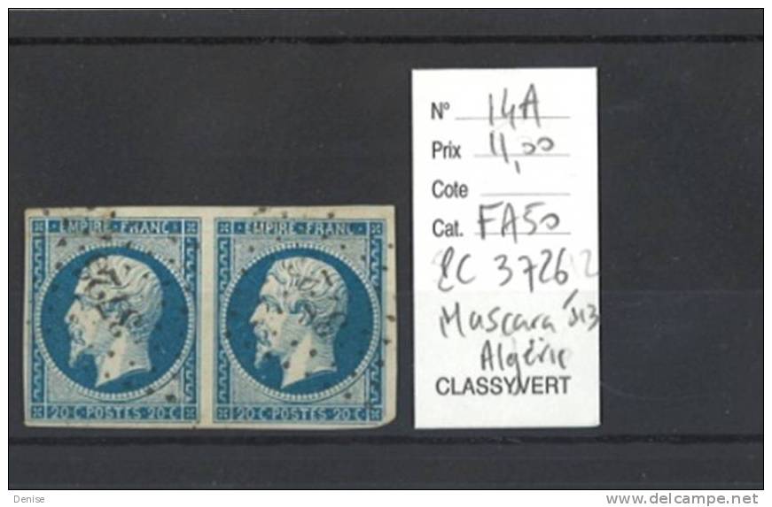 France Empire Yvert 14A Oblitéré PC 3726  en paire Mascara Algérie