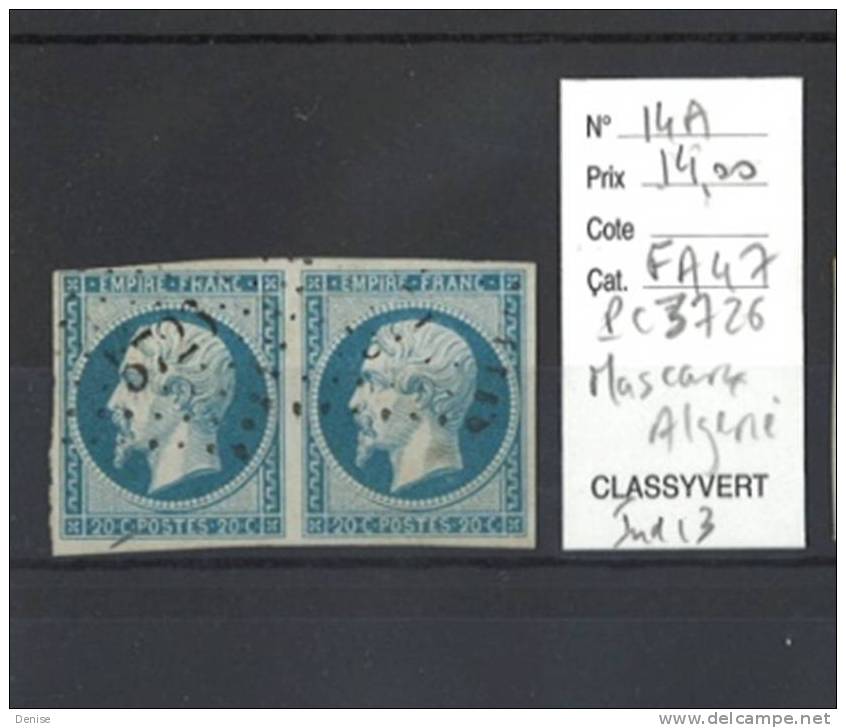 France Empire Yvert 14A Oblitéré PC 3726  en paire Mascara Algérie