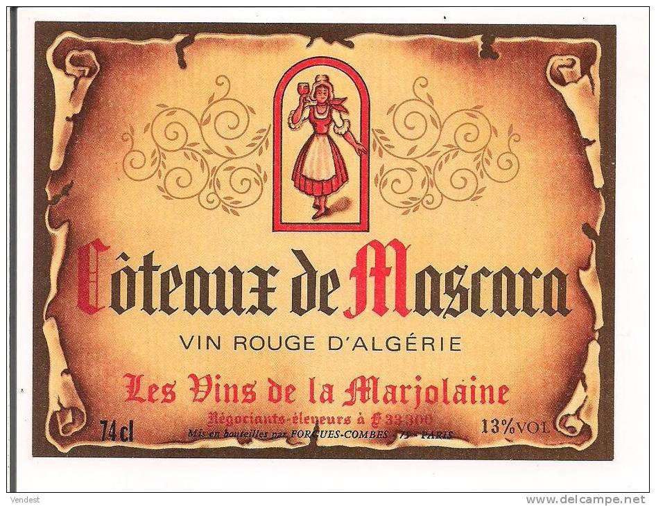 Etiquette vin d´Algérie  Côteaux de Mascara - les vins de la Marjolaine -