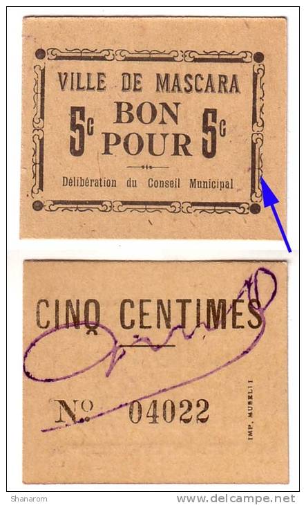 1914-1918 // Algérie // bon de nécessité // Ville de MASCARA // 5 cts