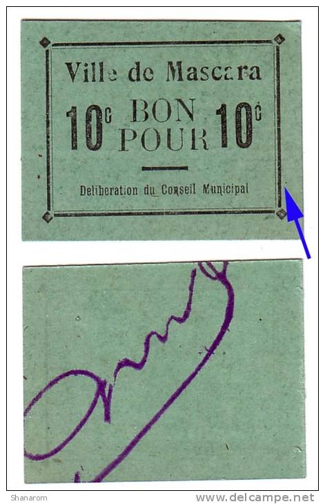 1914-1918 // Algérie // bon de nécessité // Ville de MASCARA // 10 cts