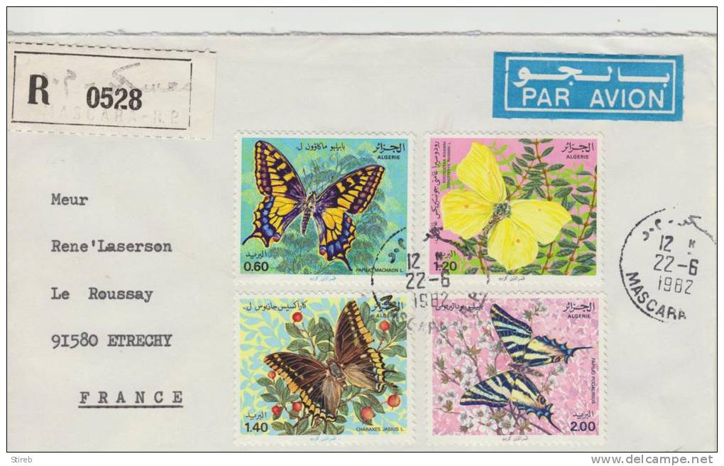 ALGERIE ENV REC MASCARA 22/6/82 AFFRT 5,20d 1 série 4 TIMBRES PAPILLONS Arr FR 25/6 Prix fixe 20,00€
