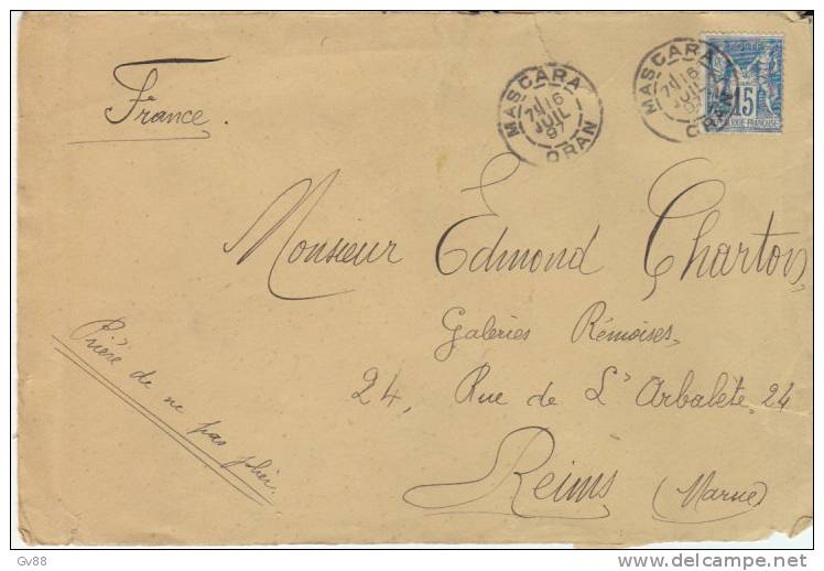 Sage n° 101 oblitéré Mascara,Algérie sur lettre de 1897