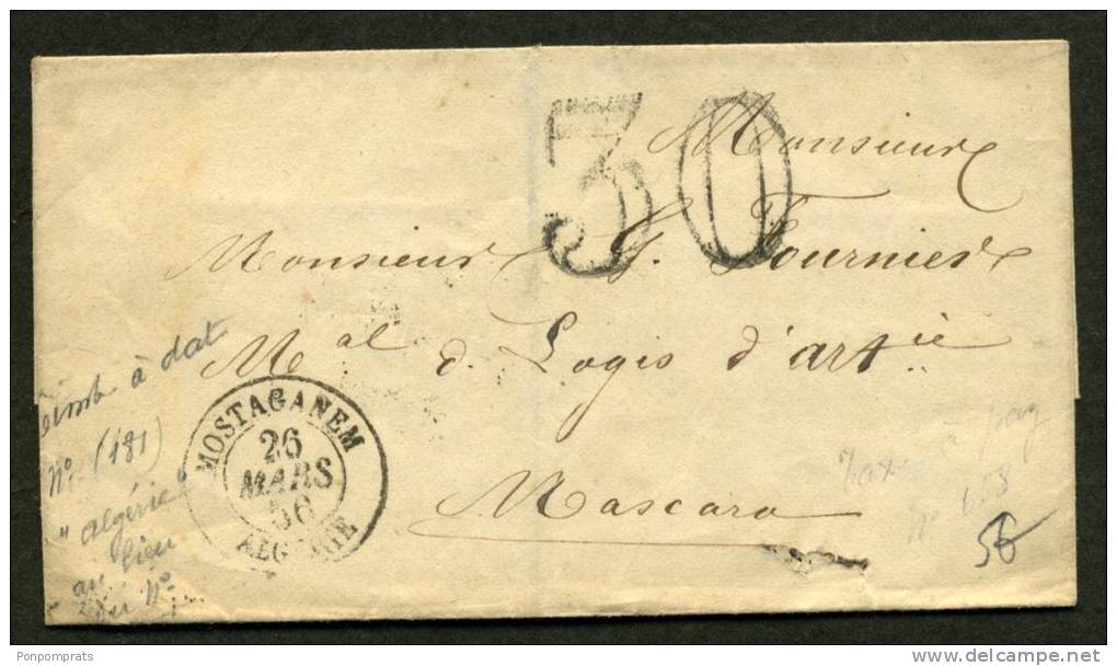 ALGERIE Pli de MOSTAGANEM de 1856 en Port Du avec  CàDate type 15 de  MOSTAGANEM ALGERIE > MASCARA
