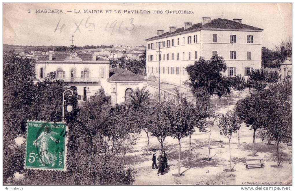 CPA carte postale ancienne AFRIQUE ALGERIE MASCARA mairie pavillon des officiers 1913 animée